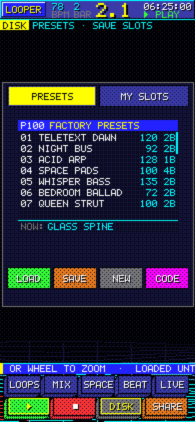 DISK screen: a list of factory preset songs and save slots