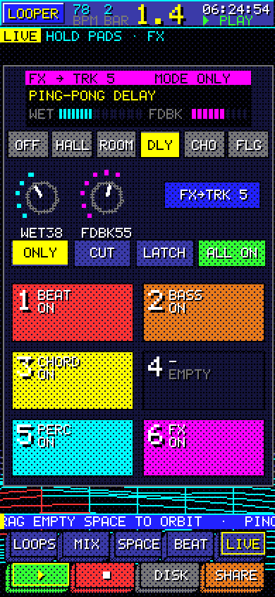 LIVE screen: six colored pads and a multi-effect with delay selected