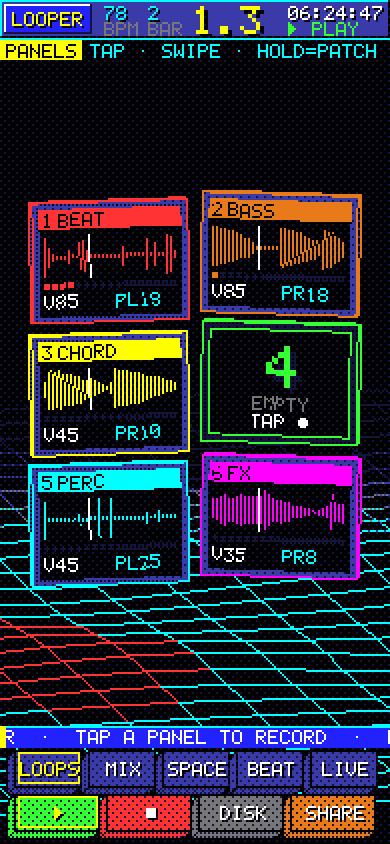 LOOPS screen: six track panels with waveforms over a neon grid floor