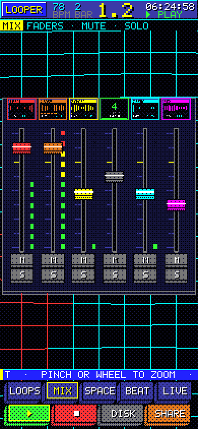 MIX screen: faders and meters for six tracks