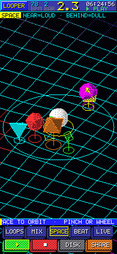 SPACE screen: colored shapes on stalks around a white eyeball on a 3D grid